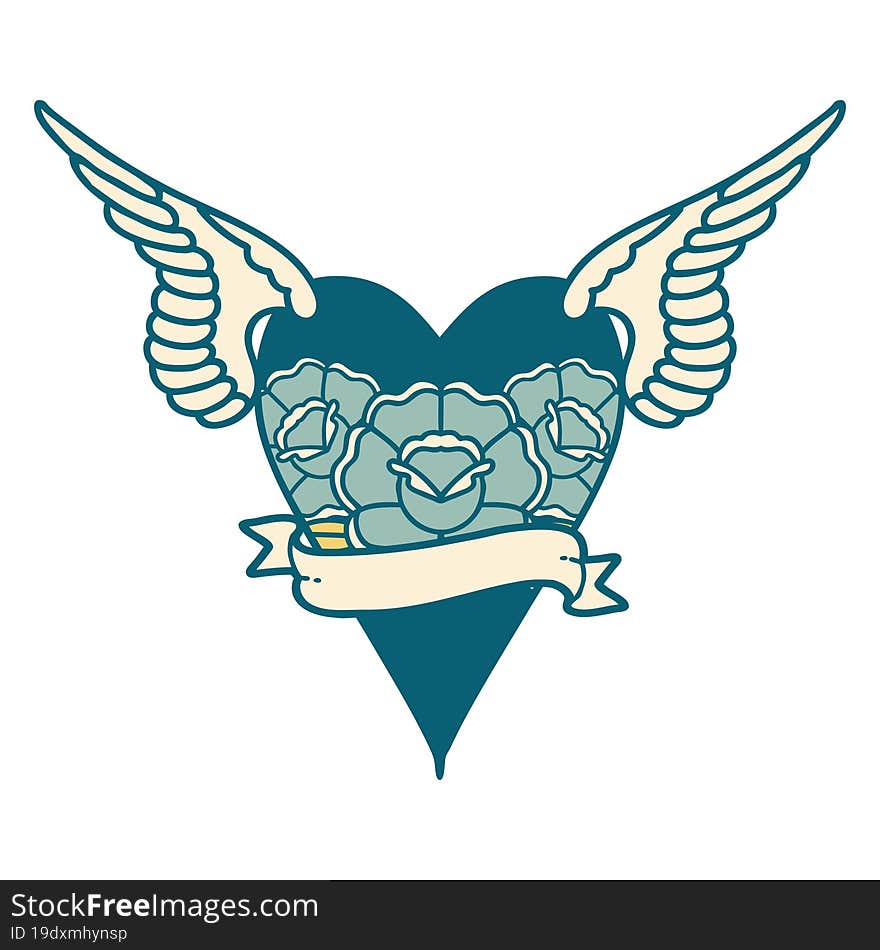 tattoo style icon of a flying heart with flowers and banner