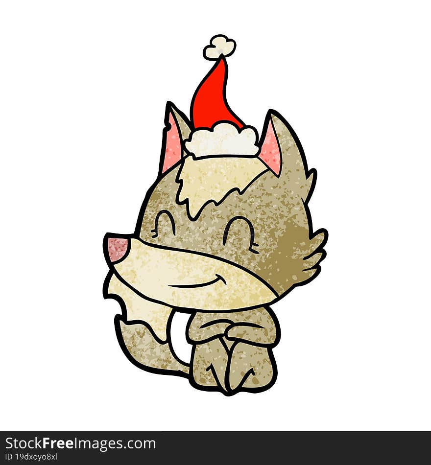 friendly textured cartoon of a wolf wearing santa hat