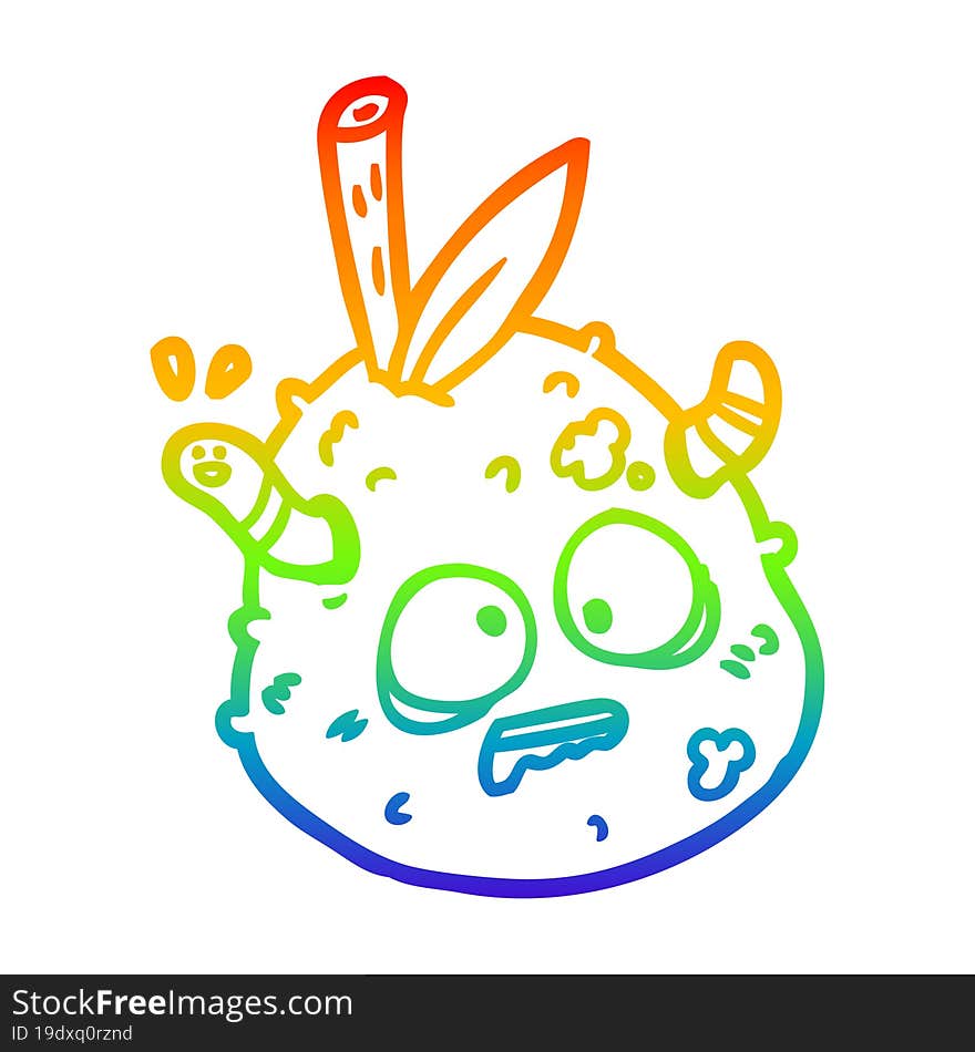 rainbow gradient line drawing of a rotting old pear with worm