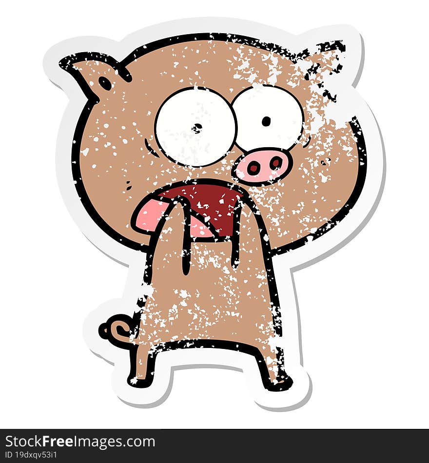 distressed sticker of a cartoon pig shouting