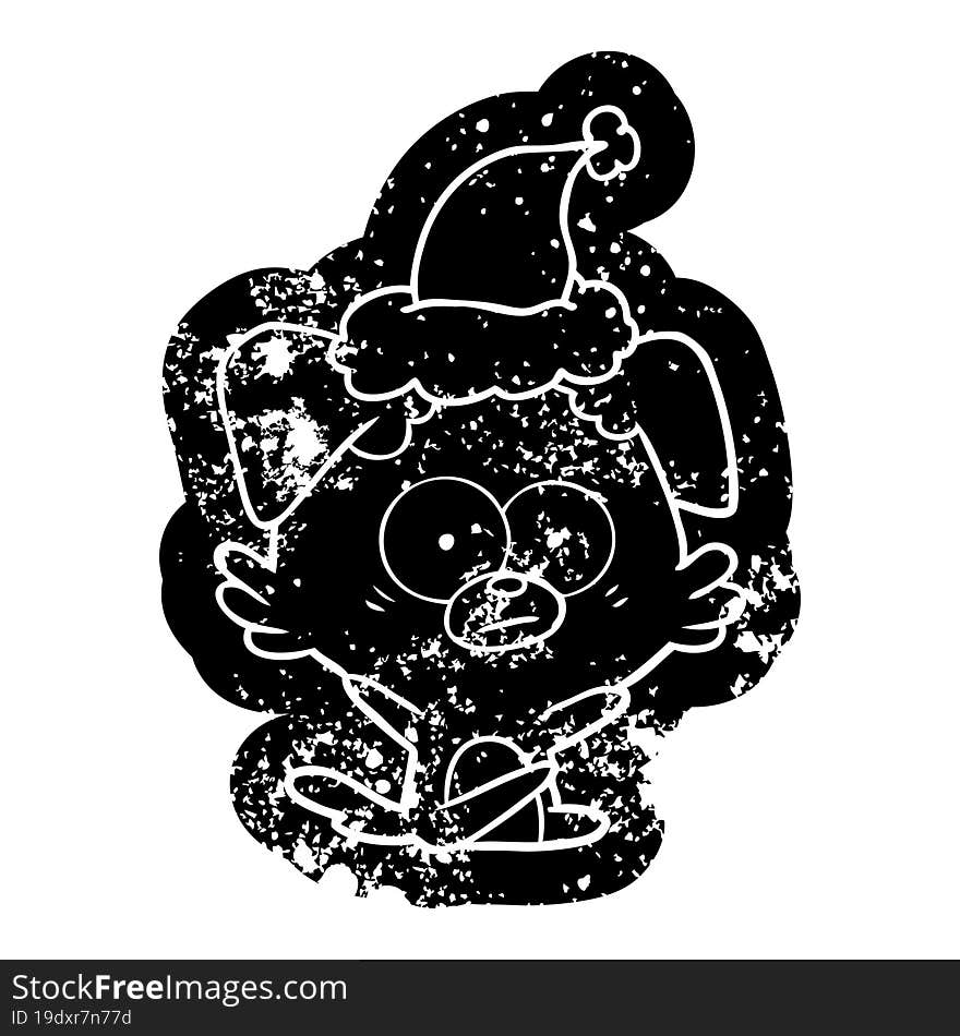 nervous dog cartoon distressed icon of a wearing santa hat