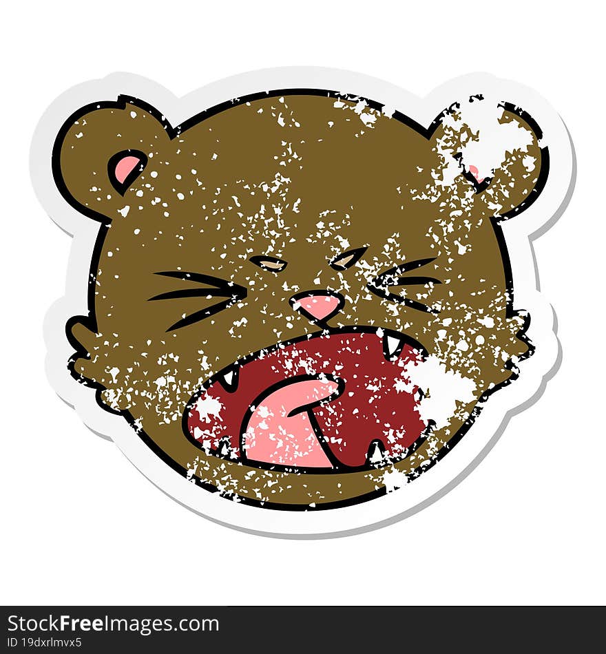 distressed sticker of a cute cartoon teddy bear face