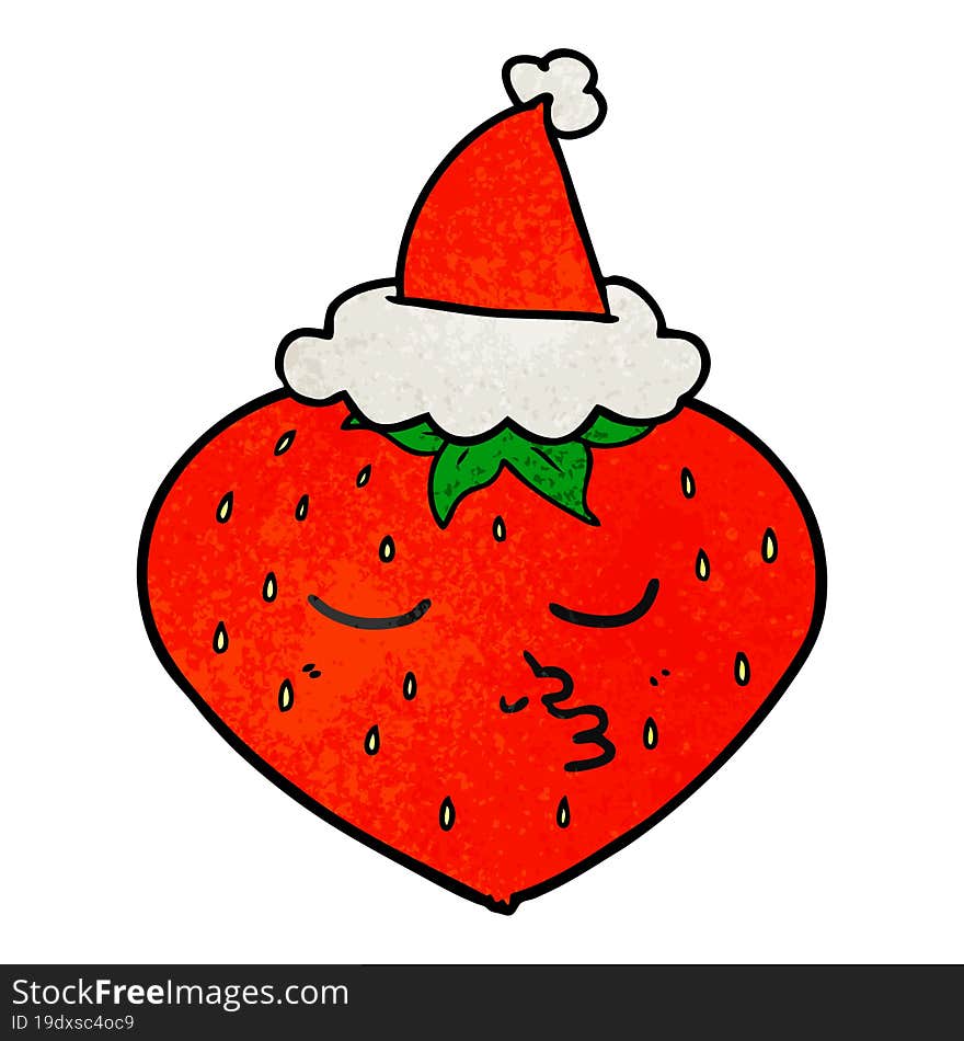 textured cartoon of a strawberry wearing santa hat