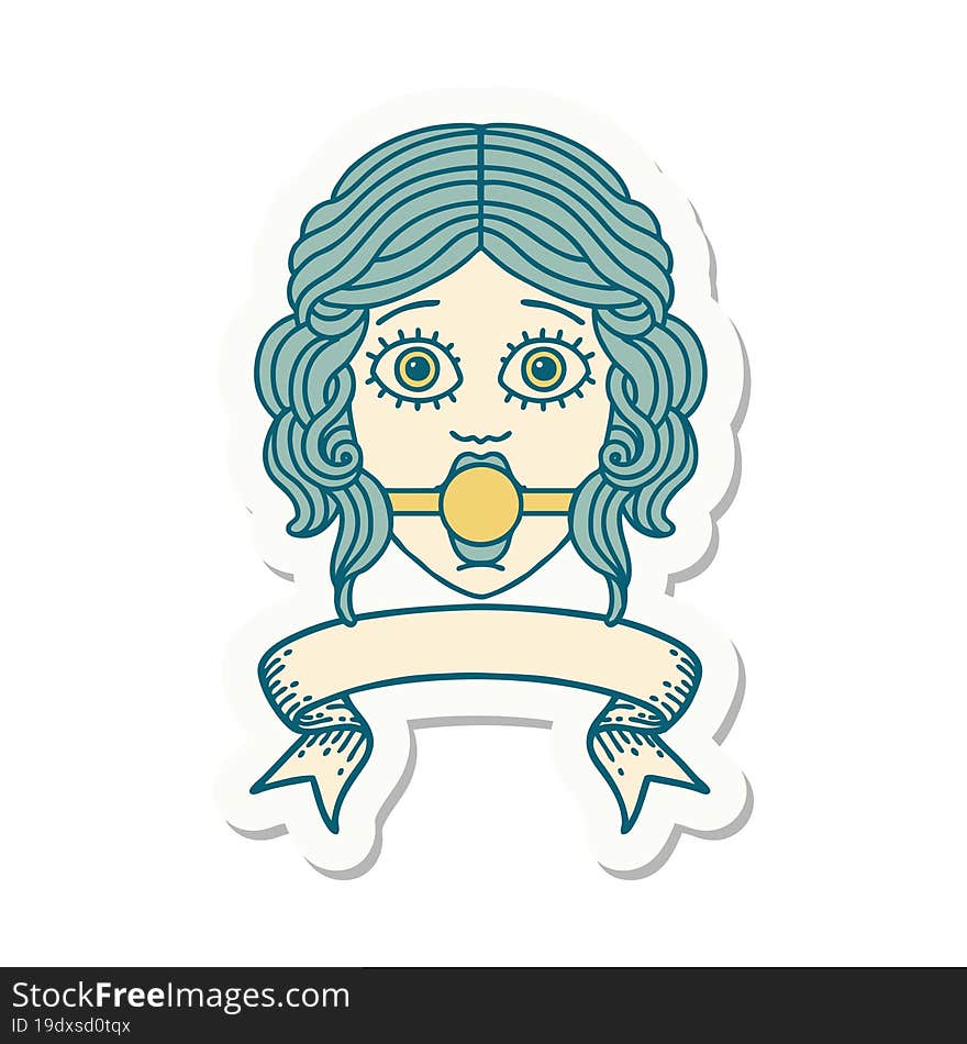 tattoo sticker with banner of female face with ball gag