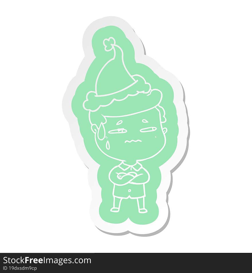 Cartoon  Sticker Of A Anxious Man Wearing Santa Hat