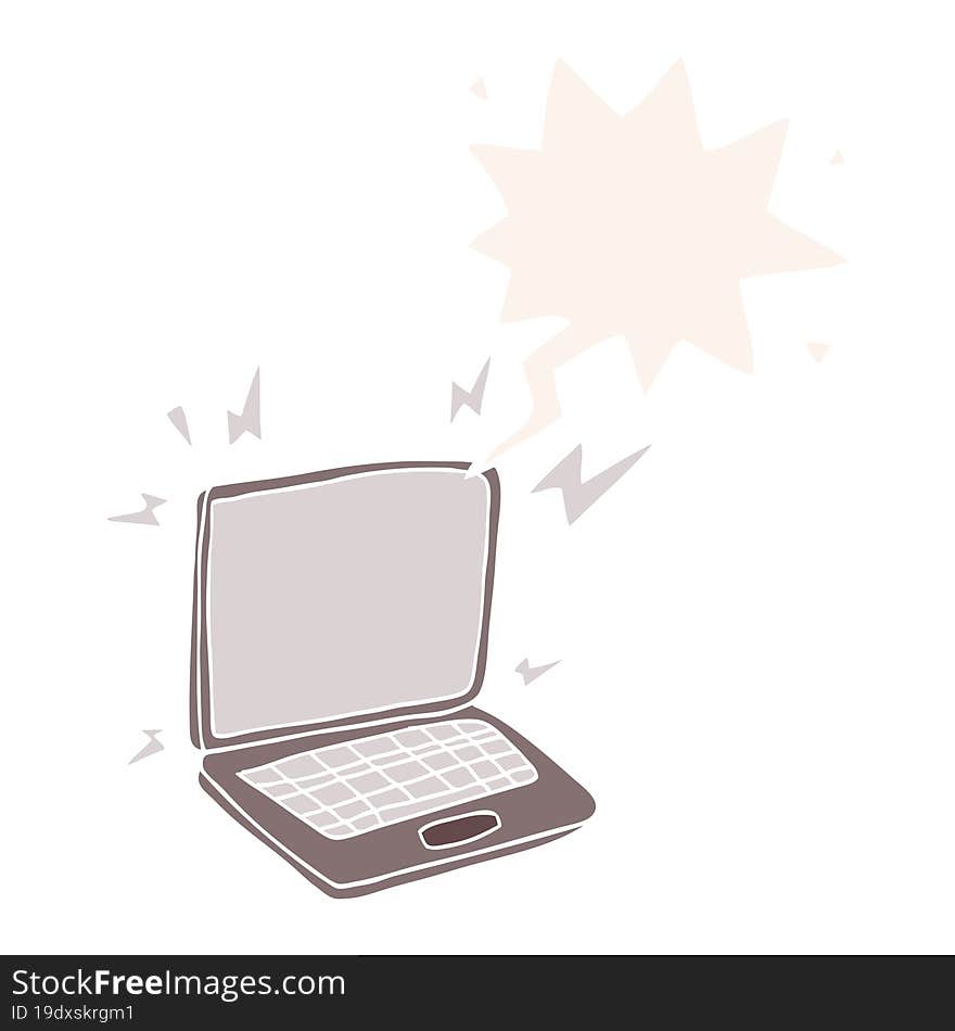 cartoon laptop computer with speech bubble in retro style