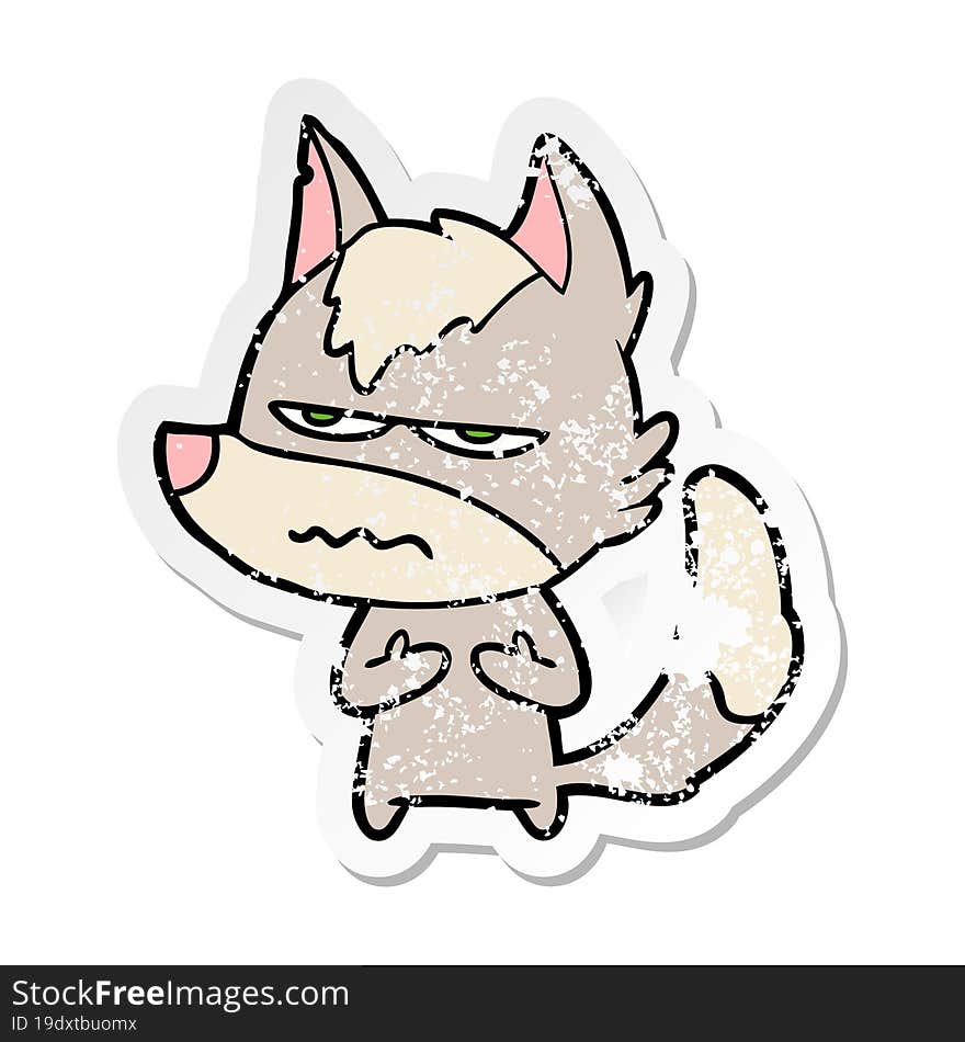 distressed sticker of a cartoon annoyed wolf