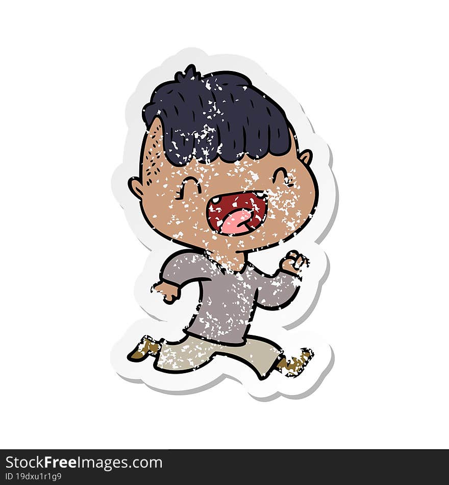 distressed sticker of a cartoon happy boy laughing and running away