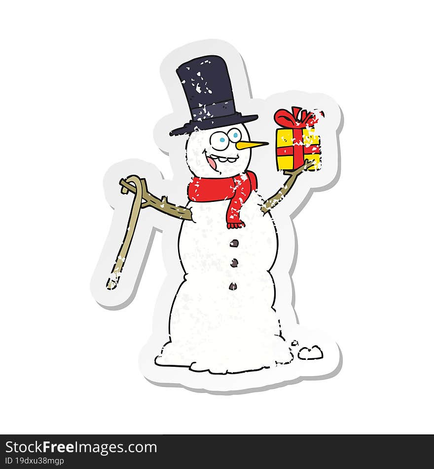 retro distressed sticker of a cartoon snowman holding present