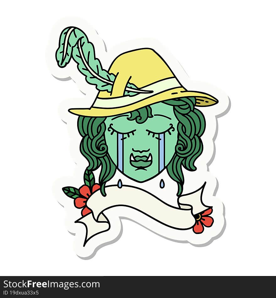 crying half orc bard character face sticker