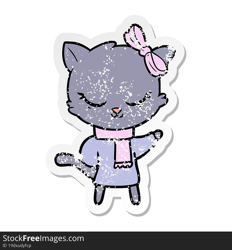 distressed sticker of a cute cartoon cat with bow