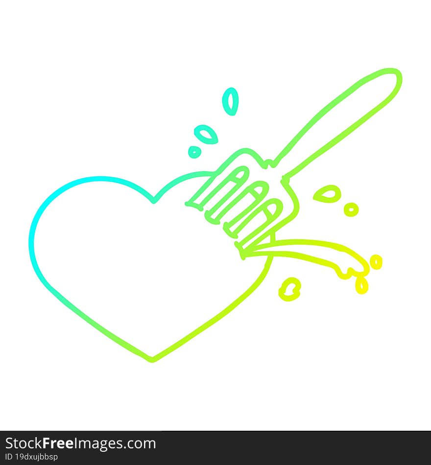 cold gradient line drawing of a cartoon love heart stuck with fork