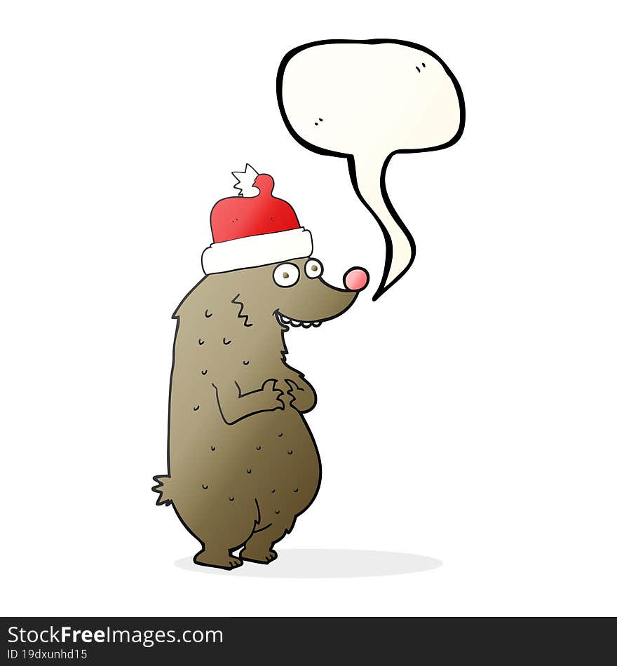 freehand drawn speech bubble cartoon bear wearing christmas hat