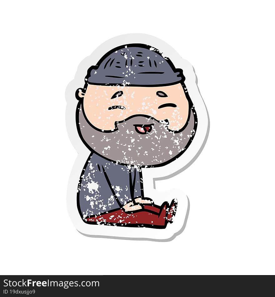 distressed sticker of a cartoon happy bearded man