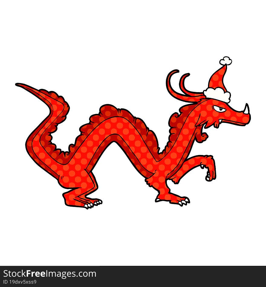 comic book style illustration of a dragon wearing santa hat