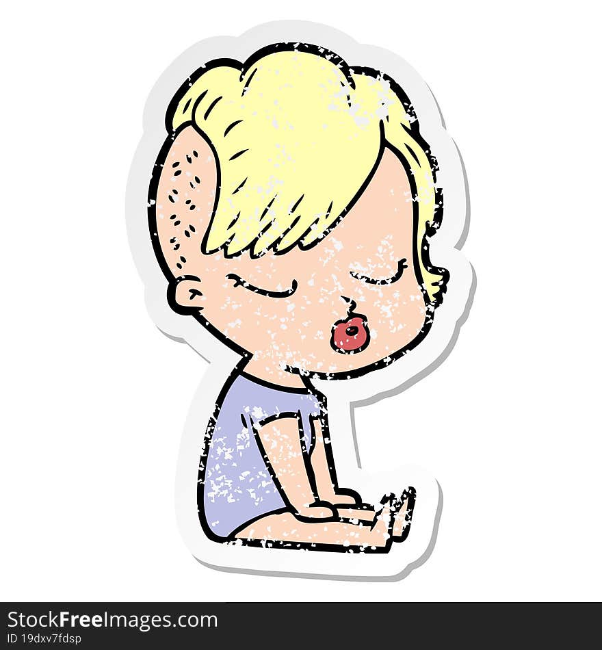 distressed sticker of a cartoon pretty hipster girl