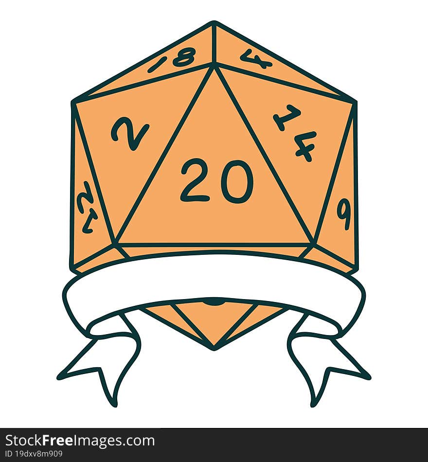 Retro Tattoo Style natural 20 critical hit D20 dice roll. Retro Tattoo Style natural 20 critical hit D20 dice roll