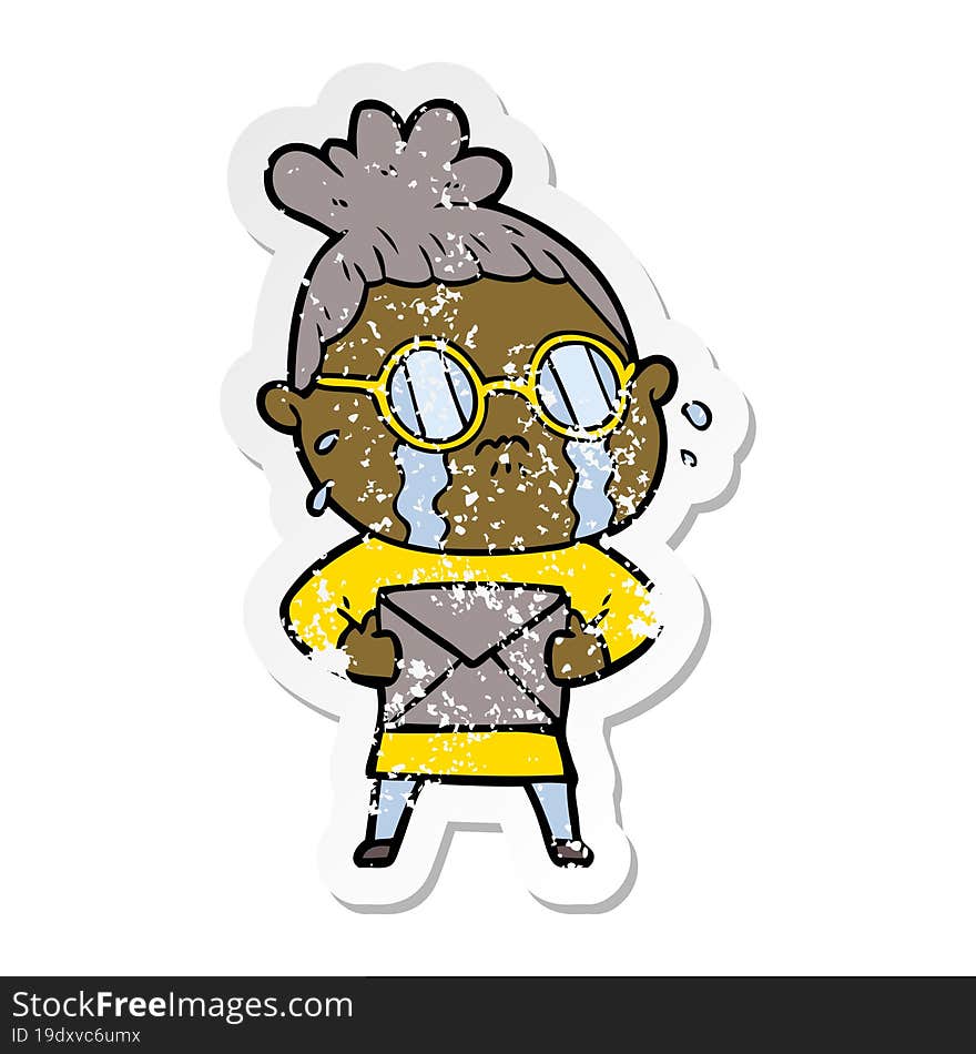 distressed sticker of a cartoon crying woman wearing spectacles