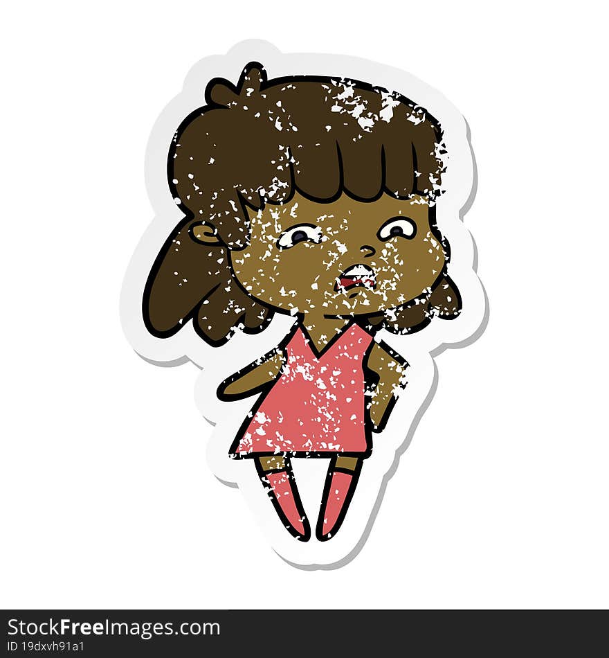 distressed sticker of a cartoon worried woman