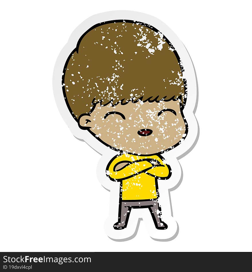 distressed sticker of a happy cartoon boy