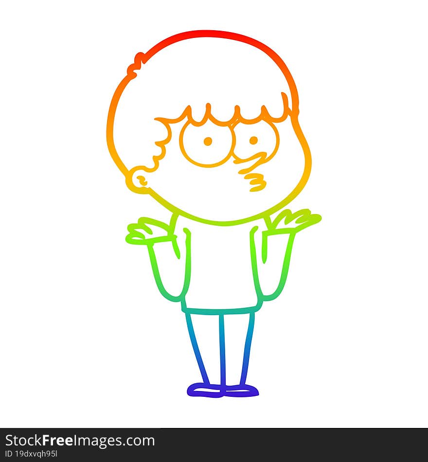 rainbow gradient line drawing cartoon curious boy shrugging shoulders