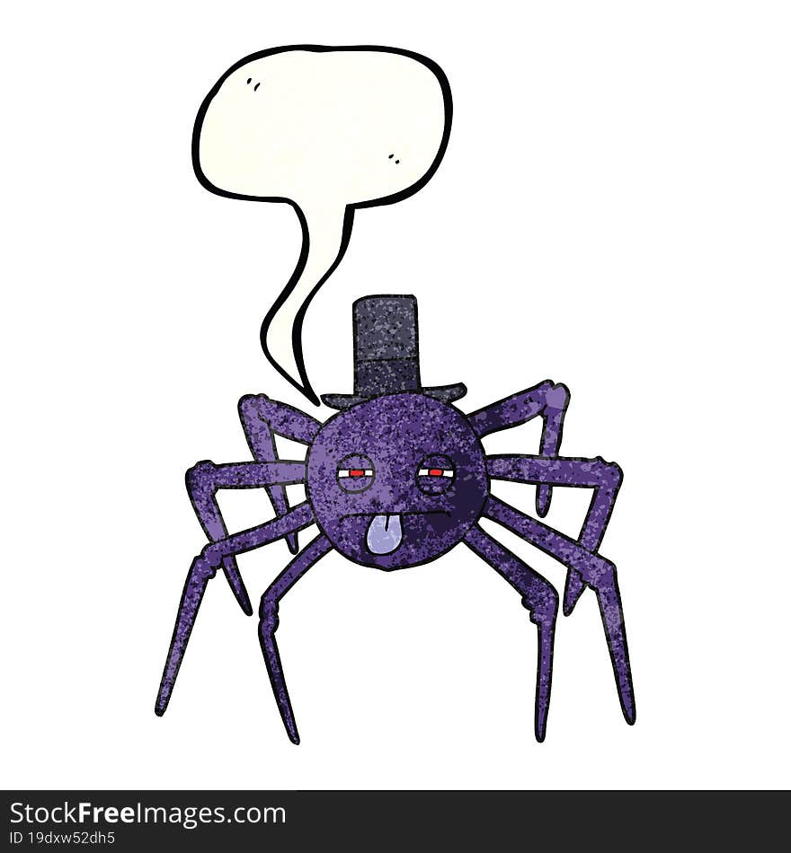 speech bubble textured cartoon halloween spider in top hat