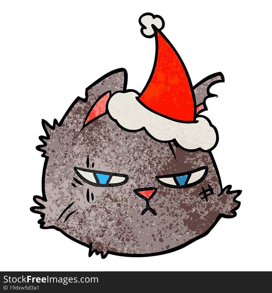 hand drawn textured cartoon of a tough cat face wearing santa hat