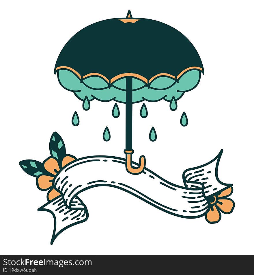 tattoo with banner of an umbrella and storm cloud