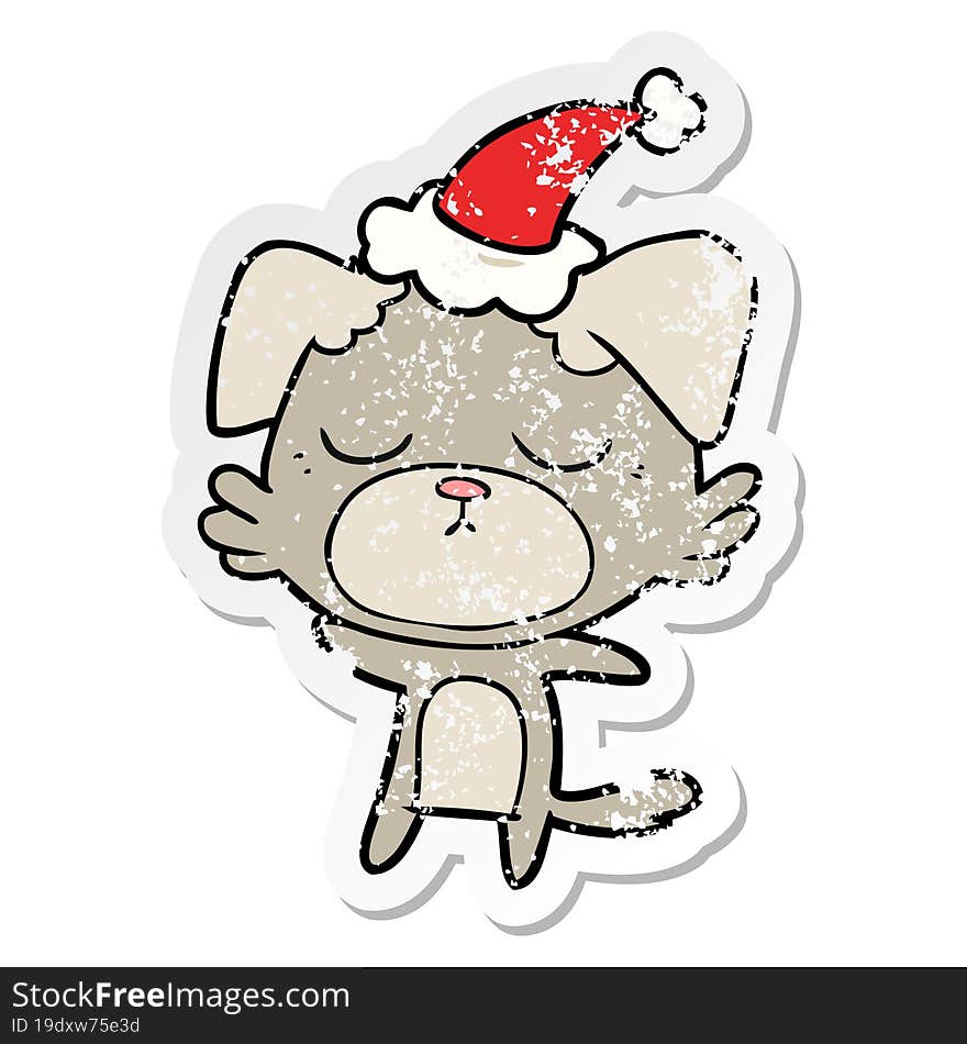 cute hand drawn distressed sticker cartoon of a dog wearing santa hat. cute hand drawn distressed sticker cartoon of a dog wearing santa hat