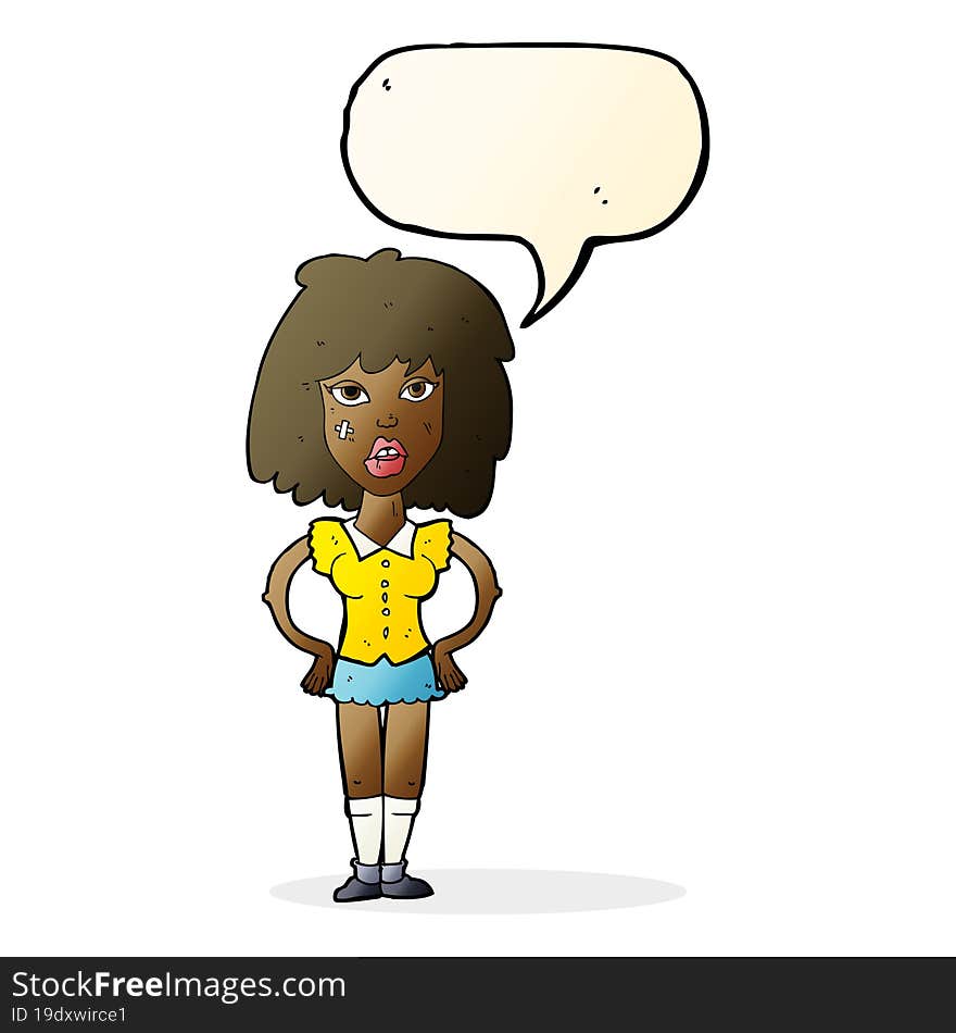 cartoon woman been in fight with speech bubble