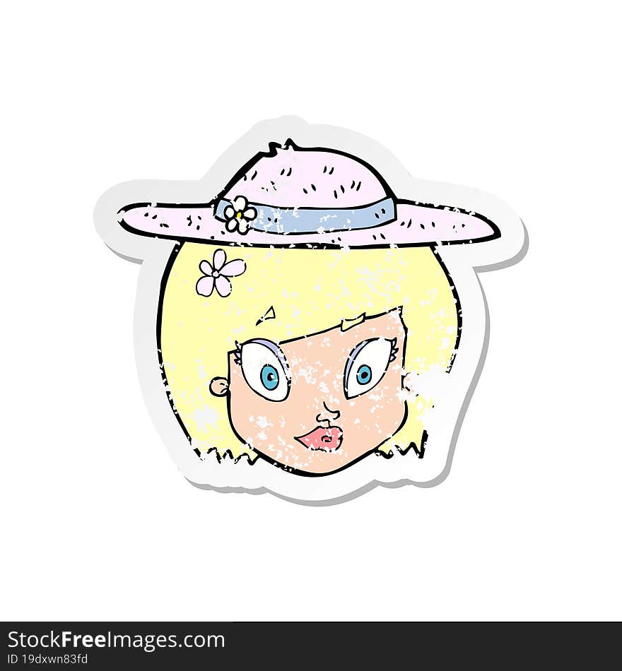 retro distressed sticker of a cartoon woman wearing summer hat