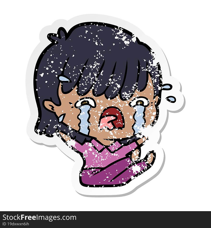 distressed sticker of a cartoon girl crying