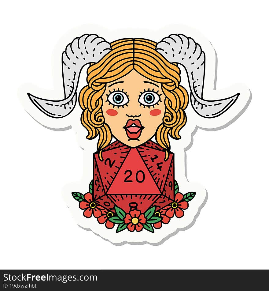 tiefling with D20 natural twenty dice roll sticker