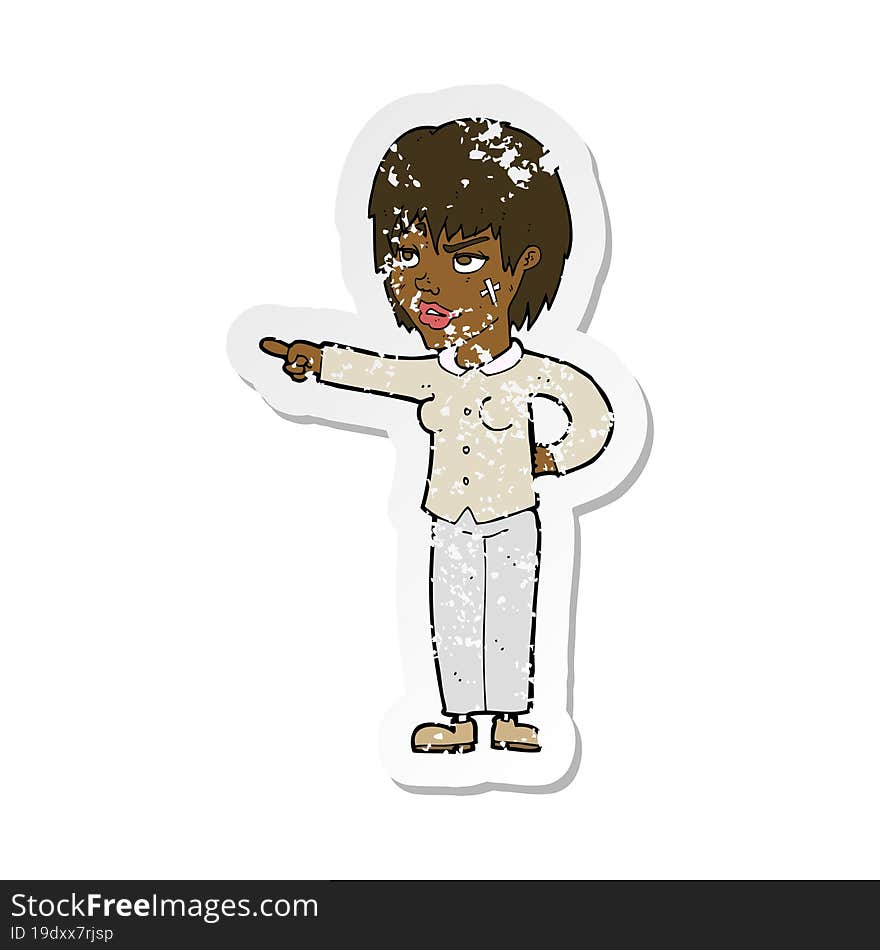 retro distressed sticker of a cartoon woman pointing