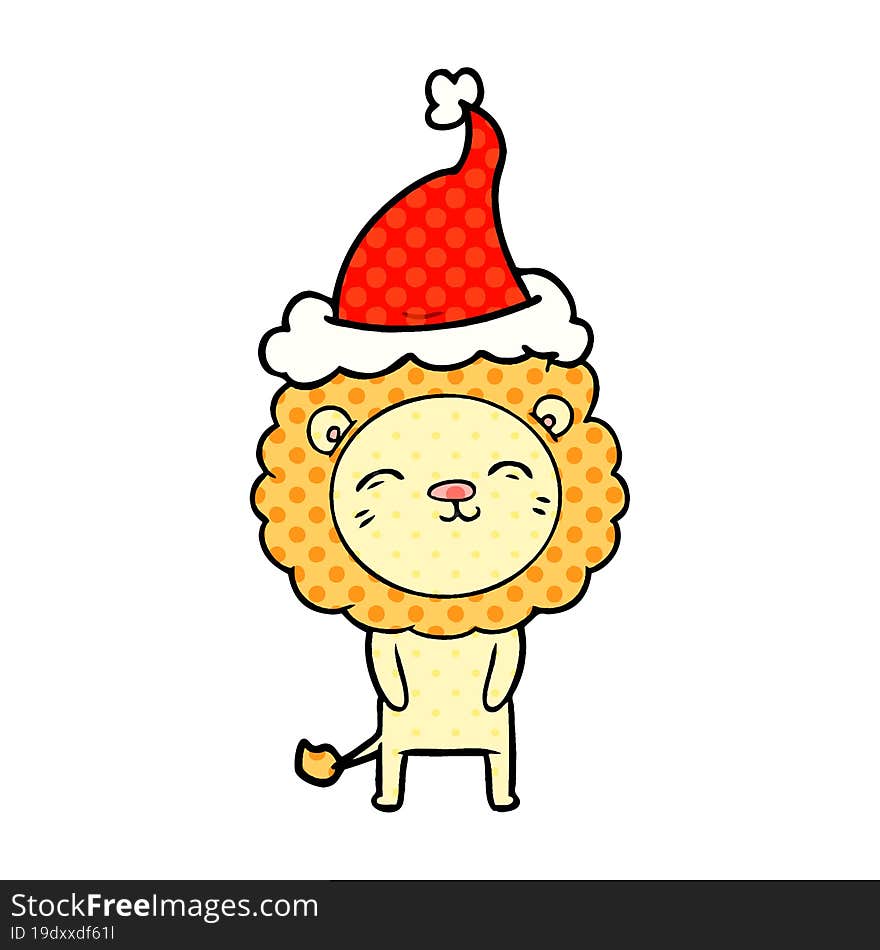 Comic Book Style Illustration Of A Lion Wearing Santa Hat