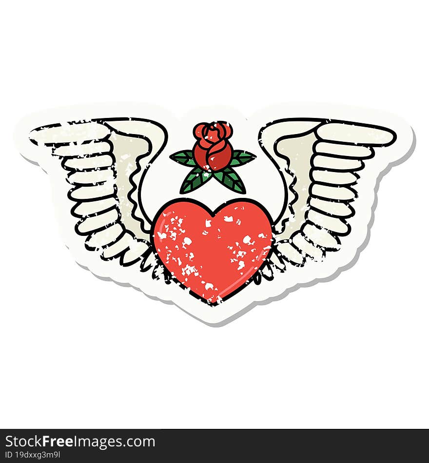 traditional distressed sticker tattoo of a heart with wings