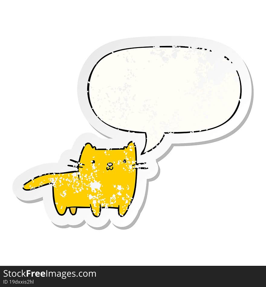 cartoon cat with speech bubble distressed distressed old sticker. cartoon cat with speech bubble distressed distressed old sticker