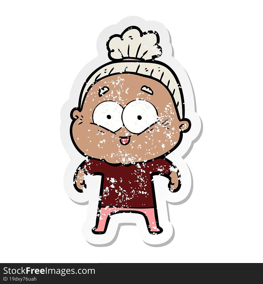 distressed sticker of a cartoon happy old woman