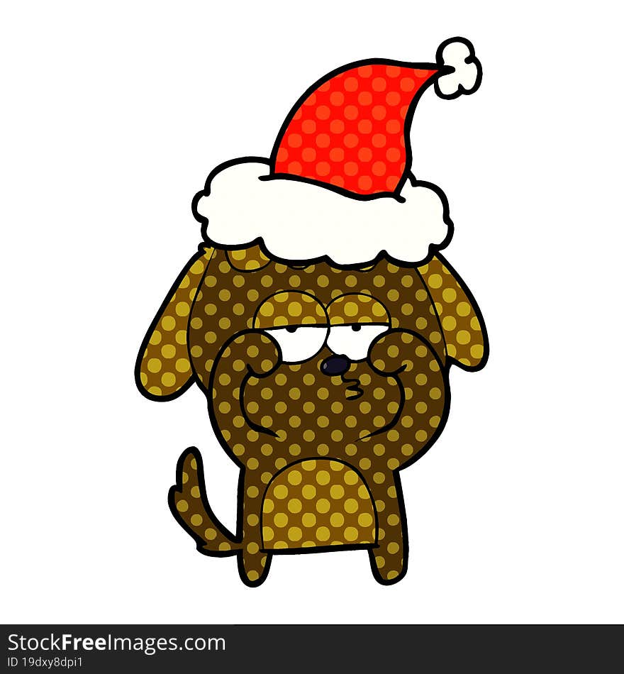 Comic Book Style Illustration Of A Tired Dog Wearing Santa Hat