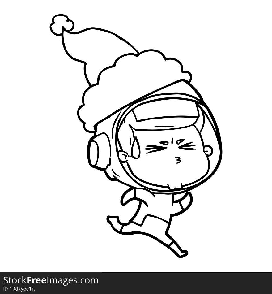 line drawing of a stressed astronaut wearing santa hat