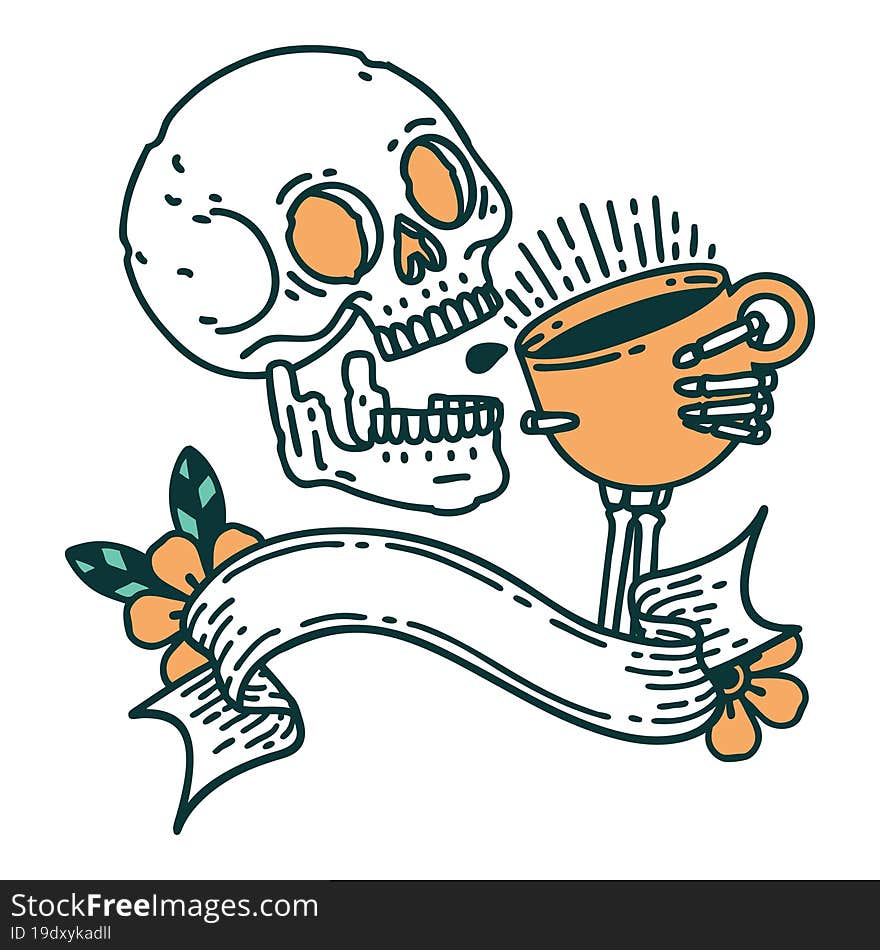 tattoo with banner of a skull drinking coffee