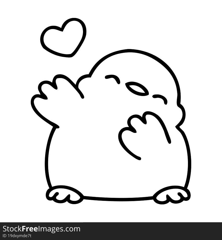 line doodle of a cute baby bird with love heart