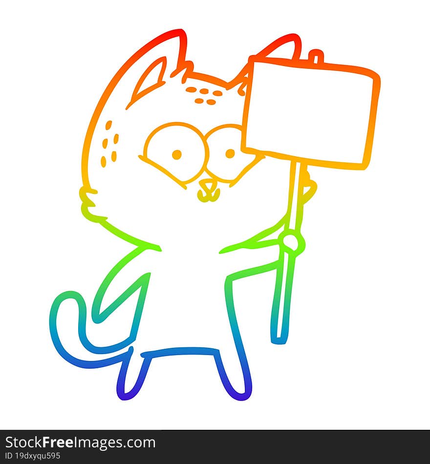 rainbow gradient line drawing cartoon cat with placard