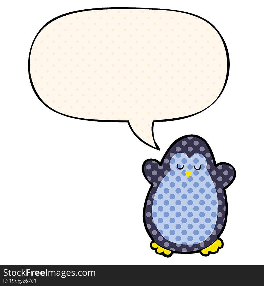 cartoon penguin and speech bubble in comic book style