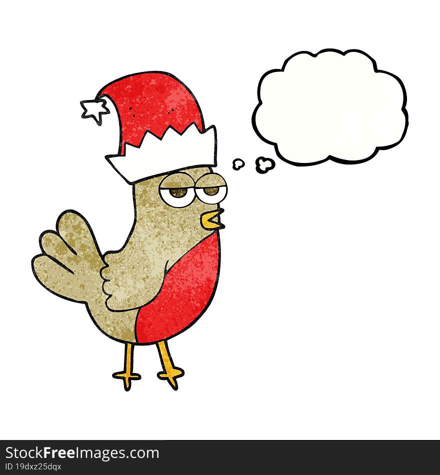 freehand drawn thought bubble textured cartoon robin in christmas hat