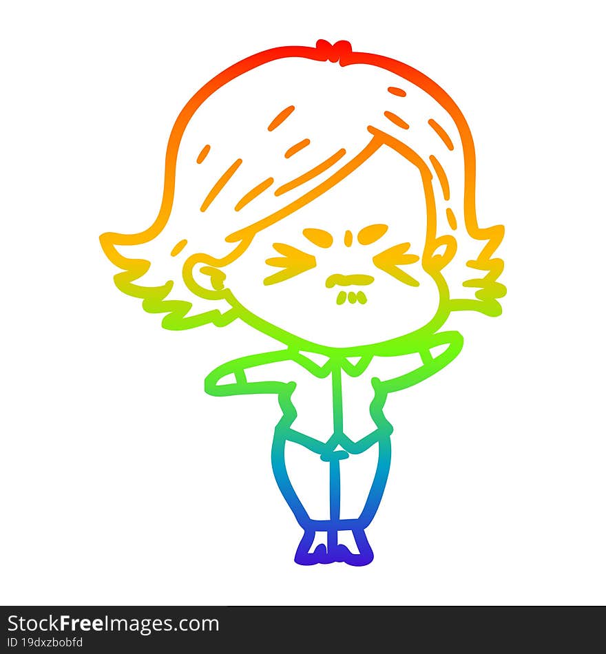 rainbow gradient line drawing of a cartoon angry girl