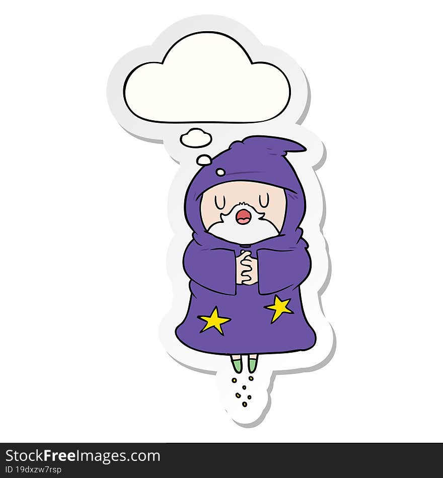 cartoon floating wizard and thought bubble as a printed sticker