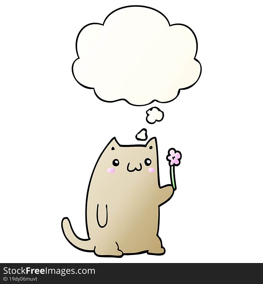 cute cartoon cat with flower and thought bubble in smooth gradient style