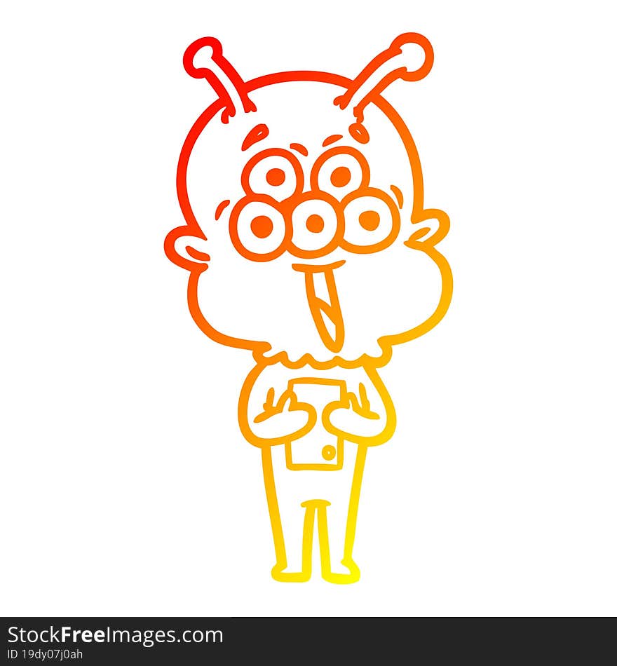 warm gradient line drawing of a happy cartoon alien