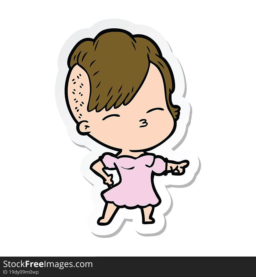 sticker of a cartoon squinting girl pointing